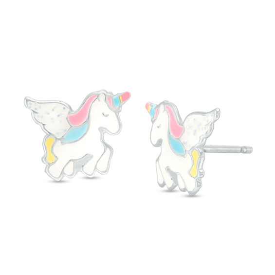 Child's Multi-Color Enamel Flying Unicorn Stud Earrings in Sterling ...