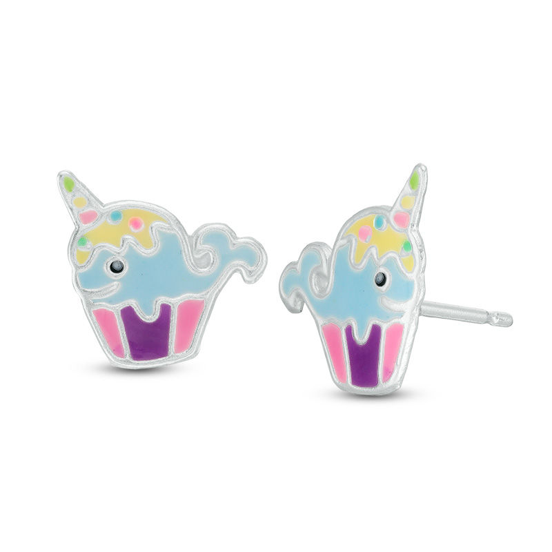 Child's Multi-Color Enamel Narwhal Cupcake Stud Earrings in Sterling Silver