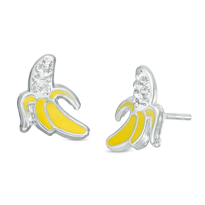 Main Image 1 of Child's Crystal and Enamel Peeled Banana Stud Earrings in Sterling Silver