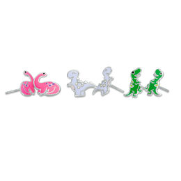 Child's Green, Purple and Pink Enamel Dinosaur Stud Earrings Set in Solid Sterling Silver