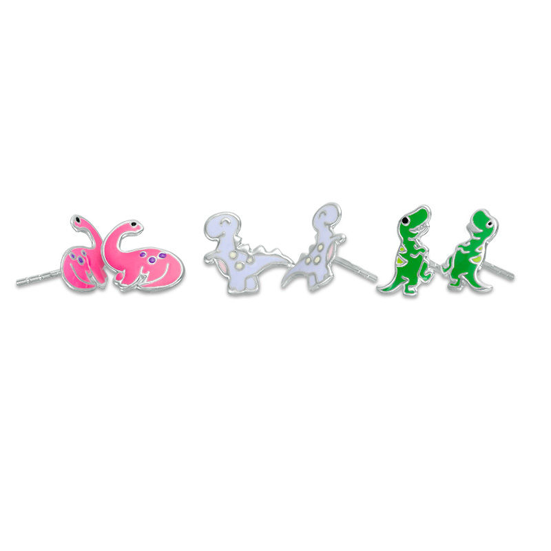 Main Image 1 of Child's Sterling Silver Green, Purple and Pink Enamel Dinosaur Stud Set