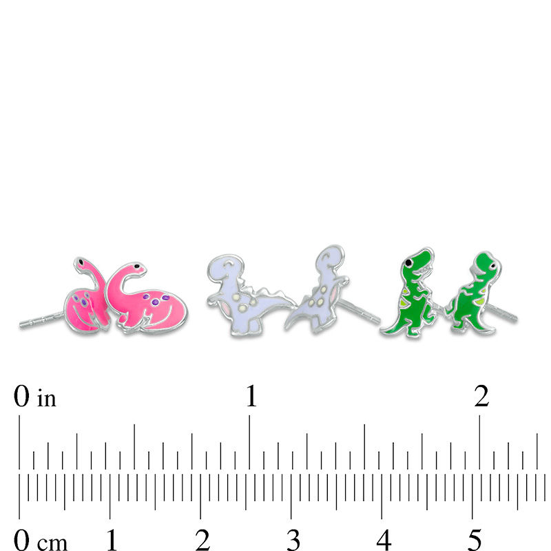 Child's Green, Purple and Pink Enamel Dinosaur Stud Earrings Set in Solid Sterling Silver
