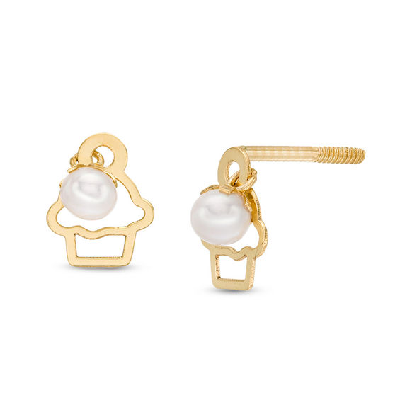 Child's 3.5mm Button Cultured Freshwater Pearl Cut-Out Cupcake Stud Earrings in 14K Gold