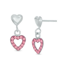 Child's Sterling Silver Pink Crystal and Enamel Heart Outline Dangle Studs