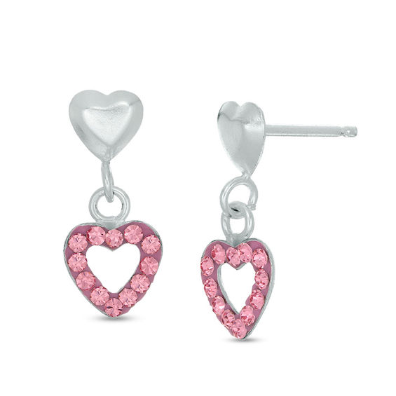 Child's Pink Crystal and Enamel Heart Outline Dangle Earrings in Sterling Silver