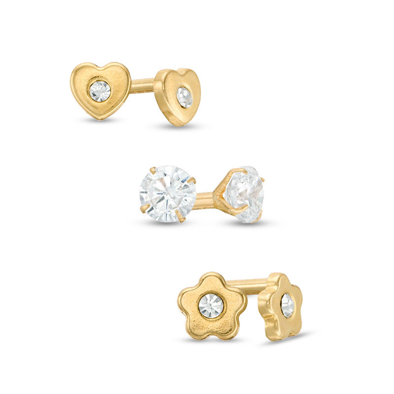 Child's 3mm Cubic Zirconia Solitaire, Heart and Flower Stud Earrings Set in 10K Gold