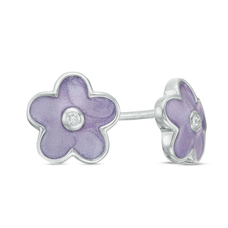 Main Image 1 of Child's Cubic Zirconia and Purple Enamel Flower Stud Earrings in Sterling Silver