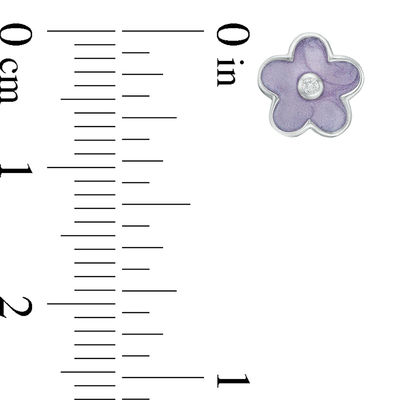 Child's Cubic Zirconia and Purple Enamel Flower Stud Earrings in Sterling Silver
