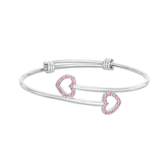 Child's Pink Crystal Heart Outline Bypass Bangle in Sterling Silver - 6"