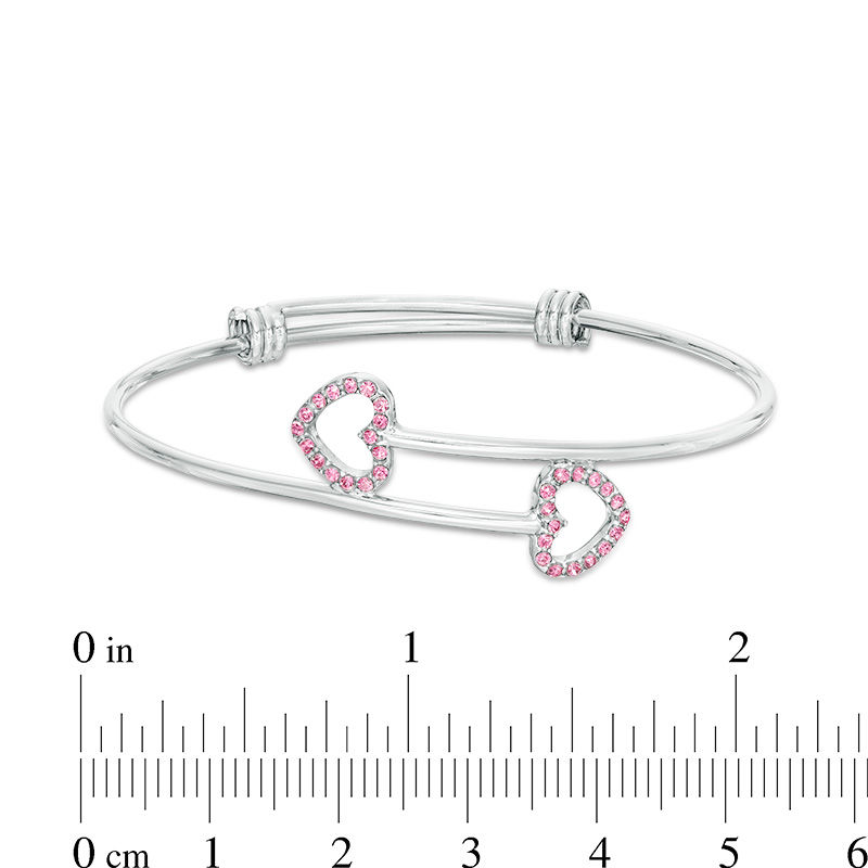 Main Image 2 of Child's Pink Crystal Heart Outline Bypass Bangle in Sterling Silver - 6"