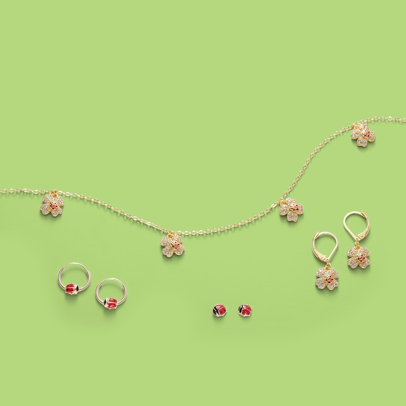 Child's Cubic Zirconia Clover with Enamel Ladybug Drop Earrings in Solid Brass with 18K Gold Plate