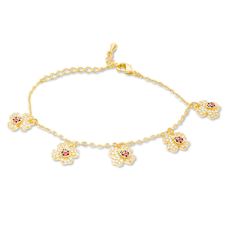 Main Image 1 of Child's Cubic Zirconia Clover with Enamel Ladybug Charm Bracelet in Brass with 18K Gold Plate - 5.5"