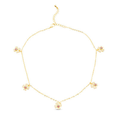 Child's Cubic Zirconia Clover with Enamel Ladybug Charm Necklace in Brass with 18K Gold Plate - 15"