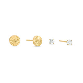 3mm Cubic Zirconia and Diamond-Cut Sunburst Circle Stud Earrings Set in 10K Gold
