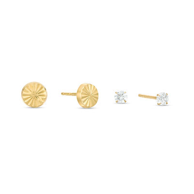 3mm Cubic Zirconia and Diamond-Cut Sunburst Circle Stud Earrings Set in 10K Gold