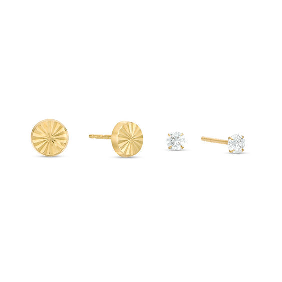3mm Cubic Zirconia and Diamond-Cut Sunburst Circle Stud Earrings Set in 10K Gold