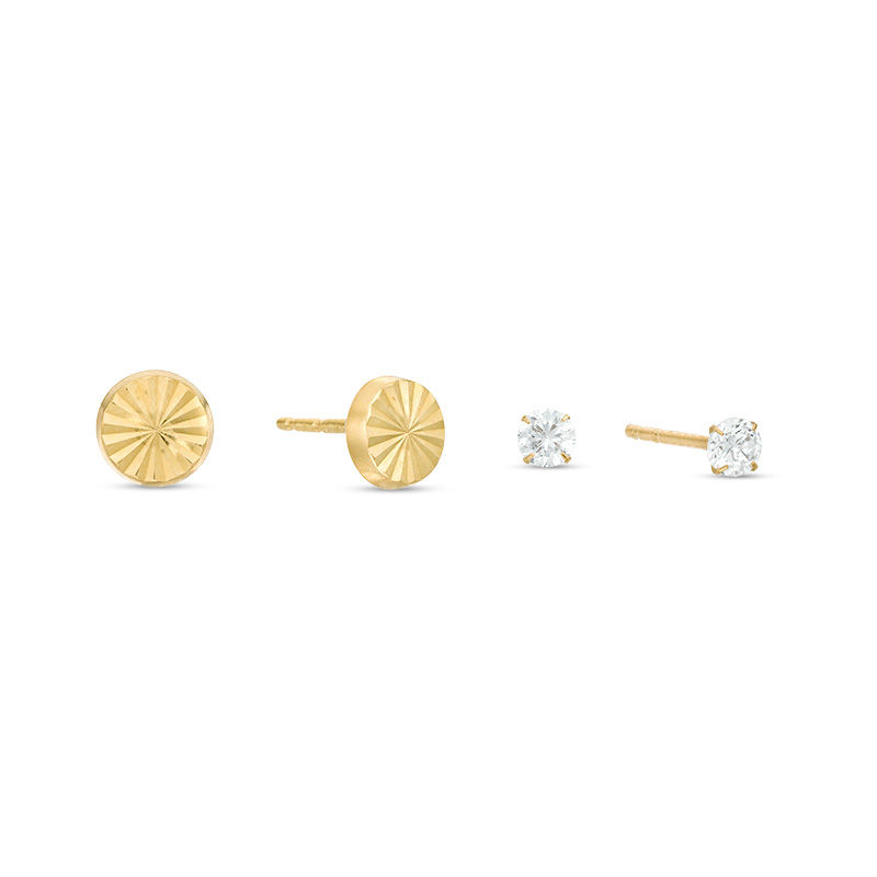 3mm Cubic Zirconia and Diamond-Cut Sunburst Circle Stud Earrings Set in 10K Gold