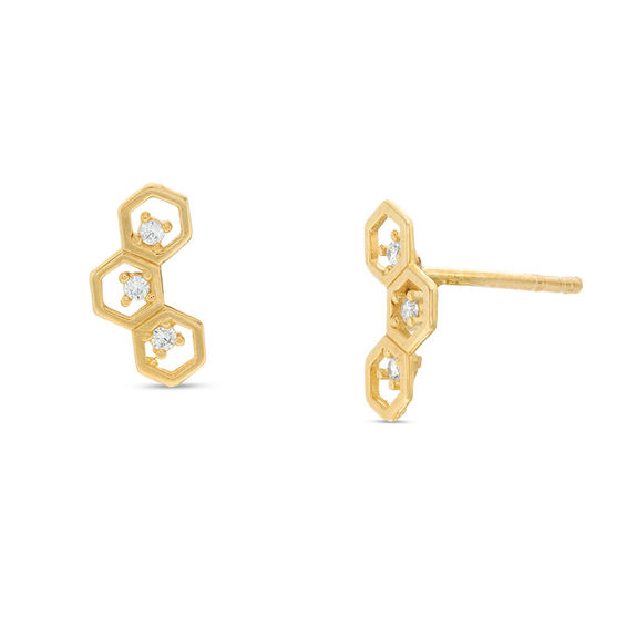 Cubic Zirconia Trio Open Hexagon Frame Stud Earrings in 10K Gold