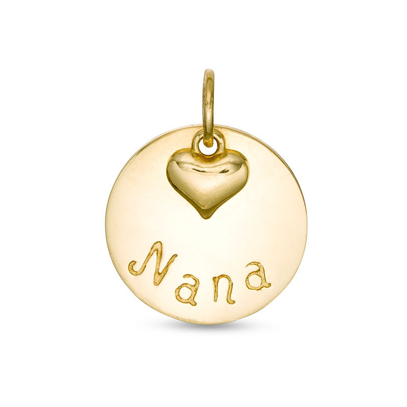 Main Image 1 of "Nana" Disc Necklace Charm with a Puff Heart Dangle Accent in 10K Gold