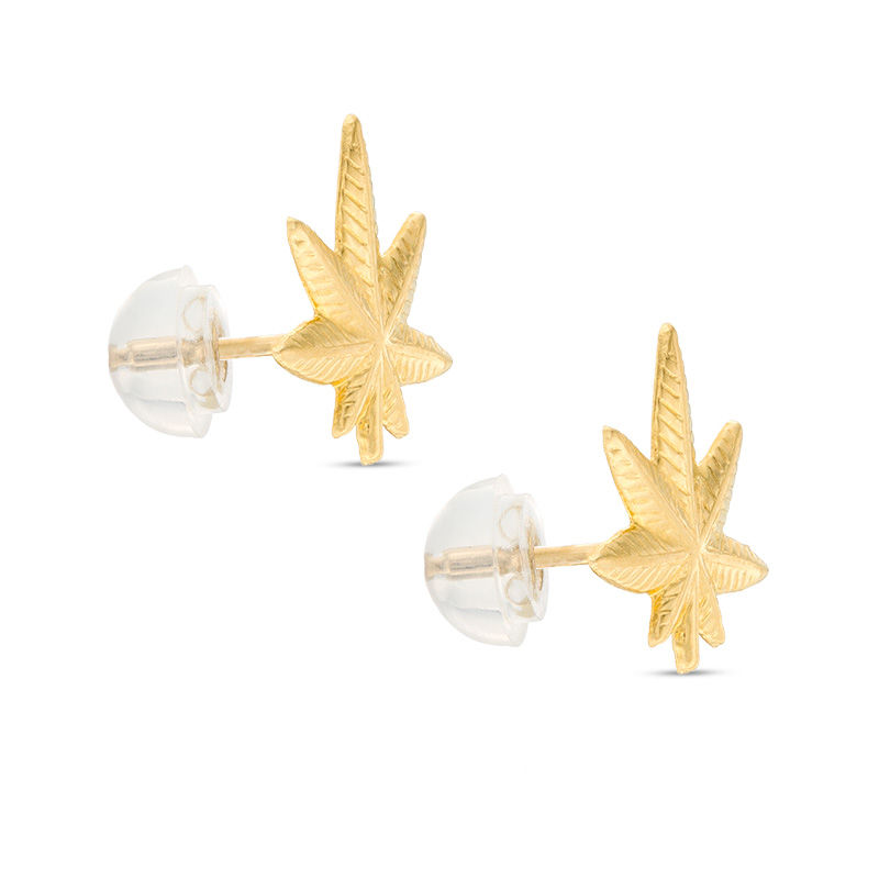 Diamond-Cut Cannabis Leaf Stud Earrings in 10K Gold
