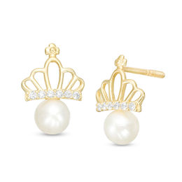 Child's 4mm Cultured Freshwater Pearl and Cubic Zirconia Crown Stud Earrings in 10K Gold