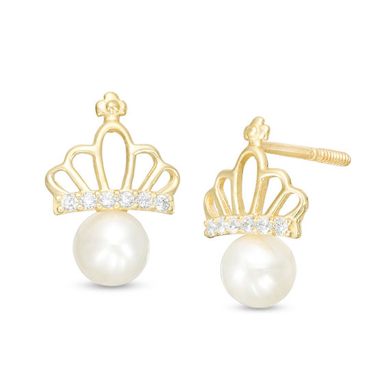 Child's 4mm Freshwater Cultured Pearl and Cubic Zirconia Crown Stud Earrings in 10K Gold