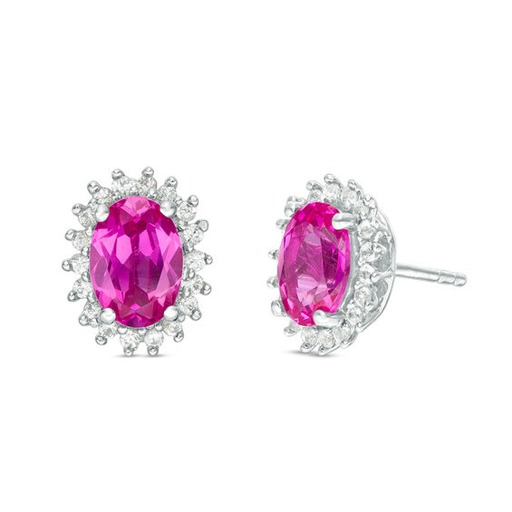 Oval Lab-Created Pink and White Sapphire Starburst Frame Stud Earrings in Sterling Silver