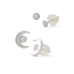 3mm Simulated Opal and Crescent Moon Stud Earrings Set in Solid Sterling Silver