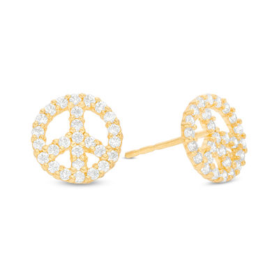 Cubic Zirconia Peace Sign Stud Earrings in 10K Gold