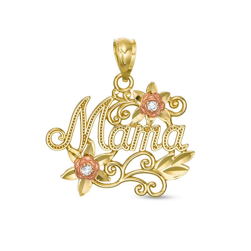 Cubic Zirconia and Diamond-Cut Beaded "Mama" Floral Filigree Necklace Charm in 10K Two-Tone Gold