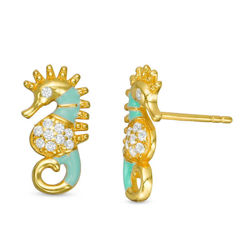 Child's Cubic Zirconia and Green Enamel Seahorse Stud Earrings in Sterling Silver with 18K Gold Plate
