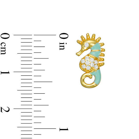 Child's Cubic Zirconia and Green Enamel Seahorse Stud Earrings in Sterling Silver with 18K Gold Plate