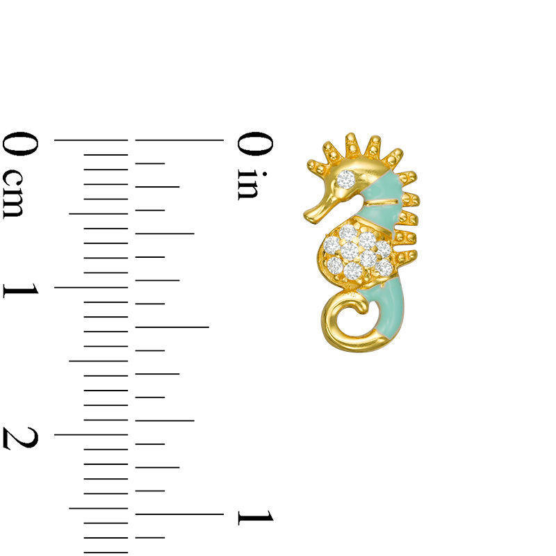 Child's Cubic Zirconia and Green Enamel Seahorse Stud Earrings in Sterling Silver with 18K Gold Plate