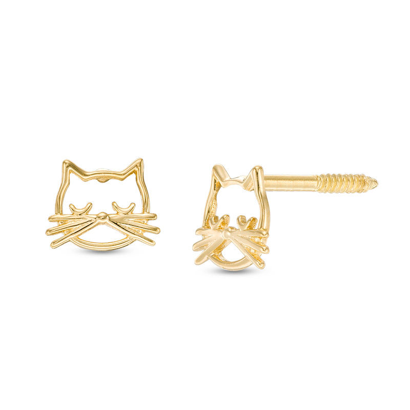 Sleeping Cat Face Stud Earrings in 10K Gold