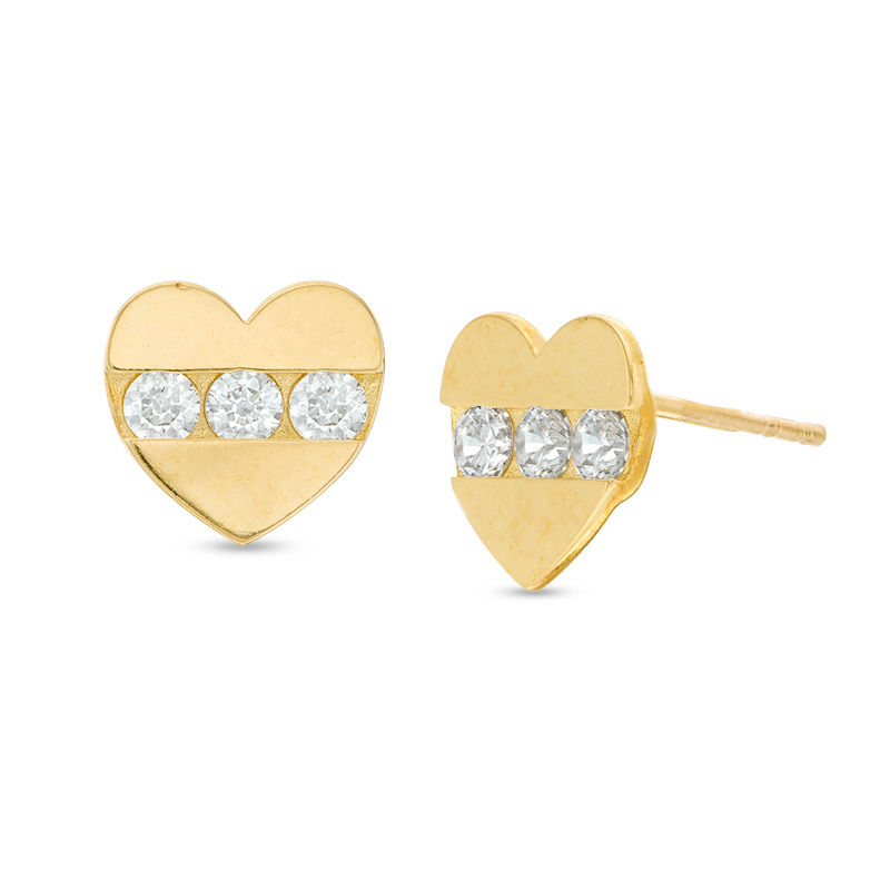 Cubic Zirconia Three Stone Heart Stud Earrings in 10K Gold