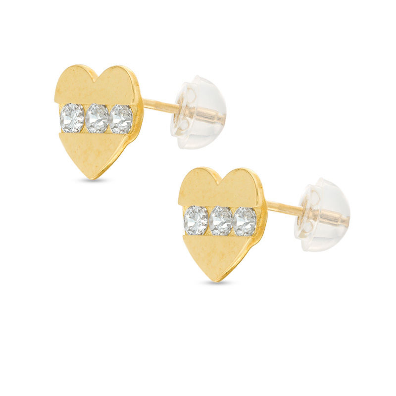 Cubic Zirconia Three Stone Heart Stud Earrings in 10K Gold