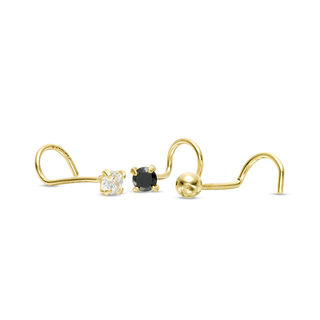 022 Gauge Black and White Cubic Zirconia Three Piece Nose Stud Set in 14K Gold