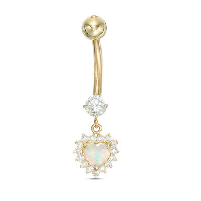 014 Gauge 5mm Heart-Shaped Simulated Opal and Cubic Zirconia Frame Dangle Belly Button Ring in 10K Gold