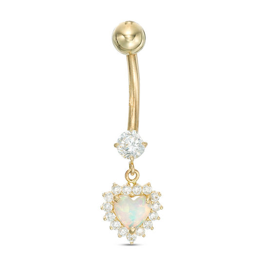 014 Gauge 5mm Heart-Shaped Simulated Opal and Cubic Zirconia Frame Dangle Belly Button Ring in 10K Gold