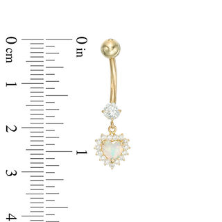 014 Gauge 5mm Heart-Shaped Simulated Opal and Cubic Zirconia Frame Dangle Belly Button Ring in 10K Gold