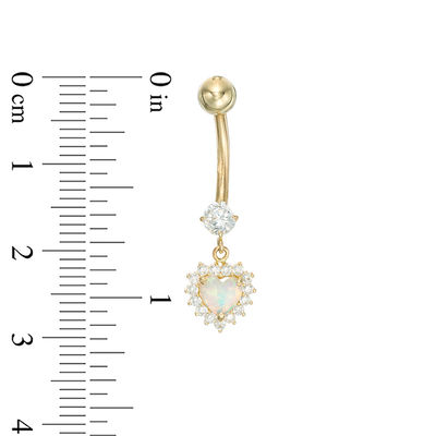 014 Gauge 5mm Heart-Shaped Simulated Opal and Cubic Zirconia Frame Dangle Belly Button Ring in 10K Gold