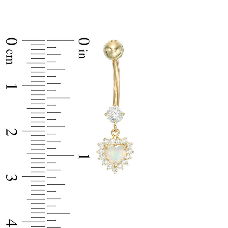 Main Image 2 of 014 Gauge 5mm Heart-Shaped Simulated Opal and Cubic Zirconia Frame Dangle Belly Button Ring in 10K Gold