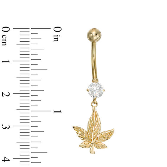 014 Gauge 5mm Cubic Zirconia Diamond-Cut Cannabis Leaf Dangle Belly Button Ring in 10K Gold