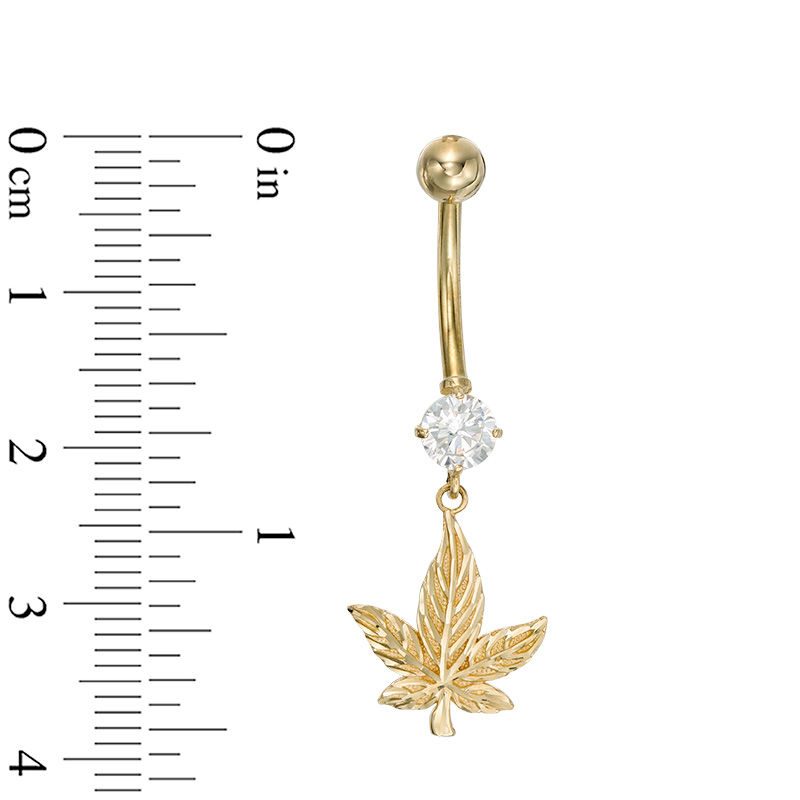 014 Gauge 5mm Cubic Zirconia Diamond-Cut Cannabis Leaf Dangle Belly Button Ring in 10K Gold