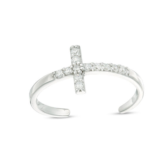 Adjustable Cubic Zirconia Sideways Cross Toe Ring in Sterling Silver