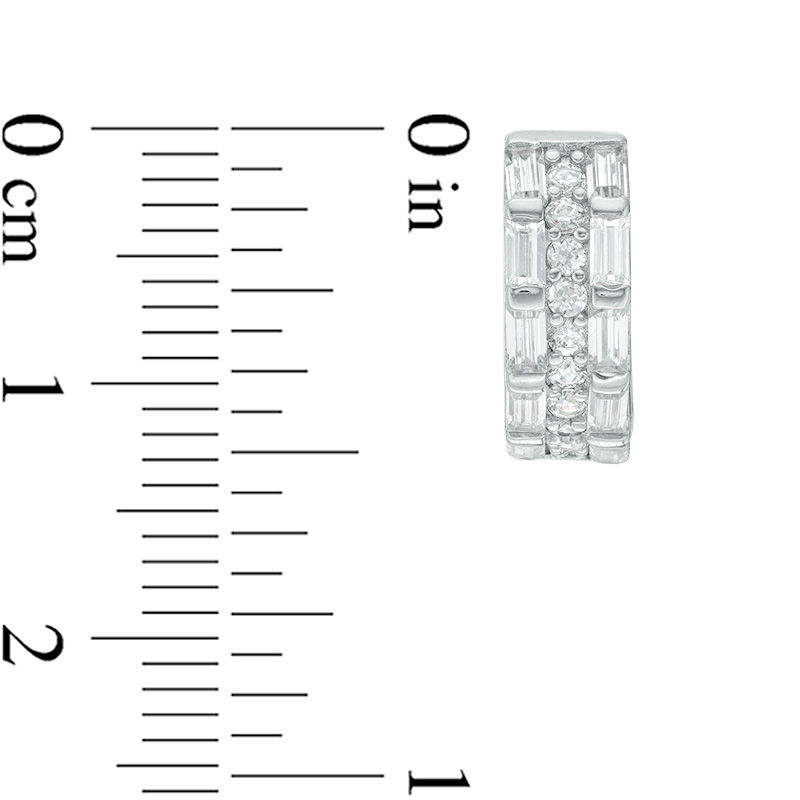 Baguette and Round Cubic Zirconia Triple Row Huggie Hoop Earrings in Sterling Silver