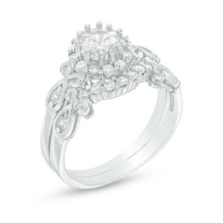 5.5mm Cubic Zirconia Frame Scroll Bridal Set in Sterling Silver - Size 7