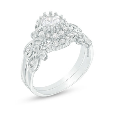 5.5mm Cubic Zirconia Frame Scroll Bridal Set in Sterling Silver - Size 7