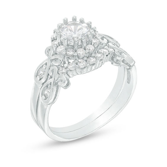 5.5mm Cubic Zirconia Frame Scroll Bridal Set in Sterling Silver - Size 7