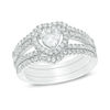 5mm Heart-Shaped Cubic Zirconia Frame Split Shank Three Piece Bridal Set in Sterling Silver - Size 7